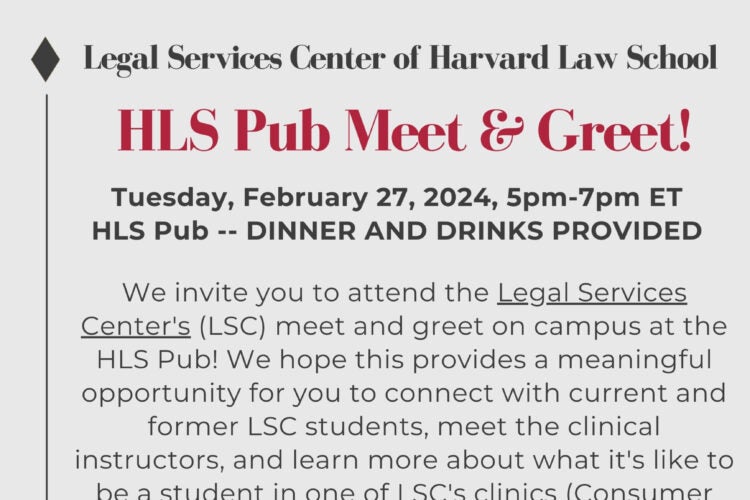 Image thumbnail for Legal Services Center Meet & Greet at the HLS Pub! All HLS Students Welcome!
