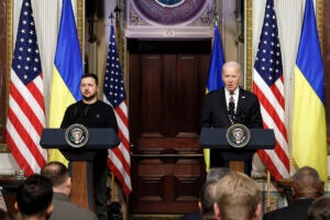 Volodymyr Zelenskyy and Joe Biden.