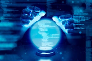 Robot fortune teller hand and showing futuristic code in a glowing hologram ball.