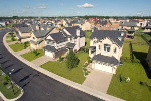 High angle view of several suburban houses.