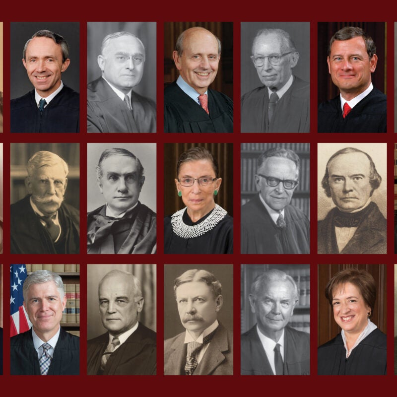 Grid of 21 headshots of HLS affiliates who became US Supreme Court Justices between 1882 and 2017.