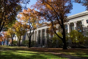 A photo of Langdell Hall in the fall