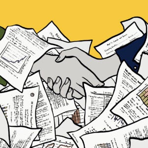Illustration showing a a handshake amid a pile of documents