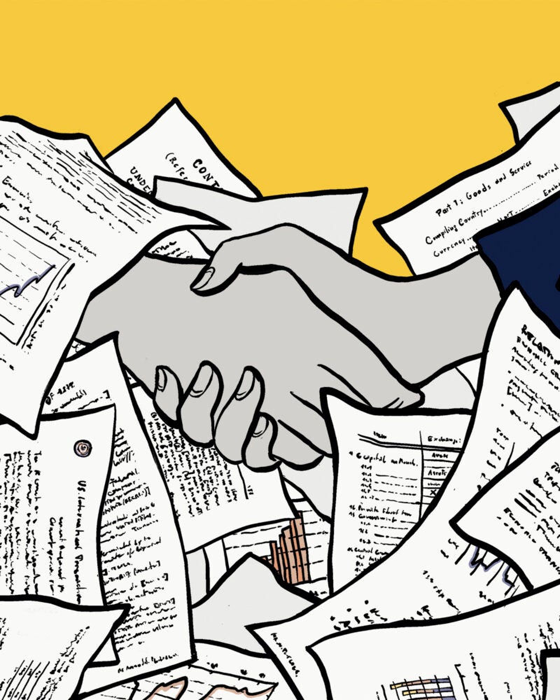 Illustration showing a a handshake amid a pile of documents