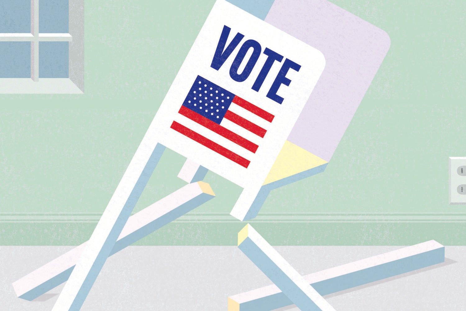 Illustration of a voting booth that is falling over as its legs are broken ad U.S. flag is on the exterior of the booth.