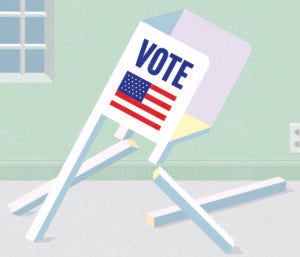 Illustration of a voting booth that is falling over as its legs are broken ad U.S. flag is on the exterior of the booth.