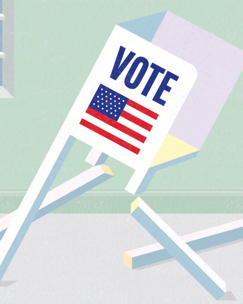 Illustration of a voting booth that is falling over as its legs are broken ad U.S. flag is on the exterior of the booth.