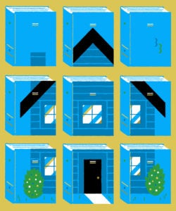 Illustration: Nine book blocks create a house.