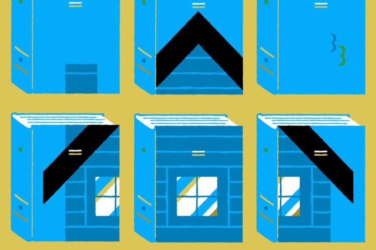 Illustration: Nine book blocks create a house.