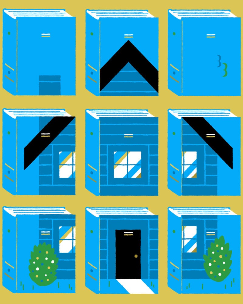 Illustration: Nine book blocks create a house.