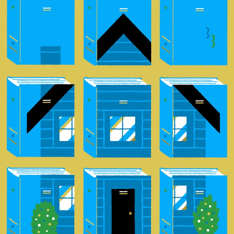 Illustration: Nine book blocks create a house.