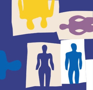 An illustration that shows various human shapes in blue, purple, blue and yellow at various angles.
