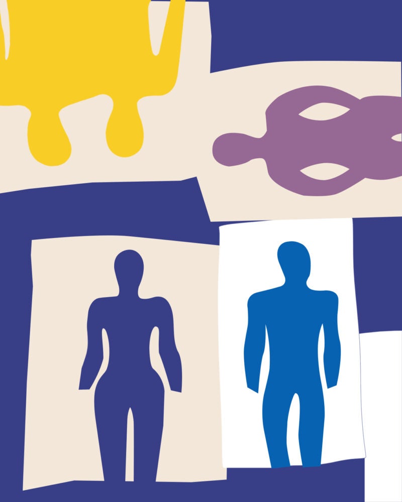 An illustration that shows various human shapes in blue, purple, blue and yellow at various angles.