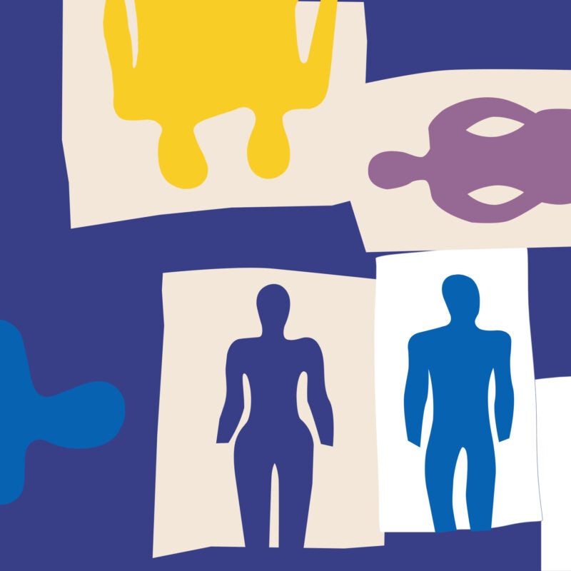 An illustration that shows various human shapes in blue, purple, blue and yellow at various angles.