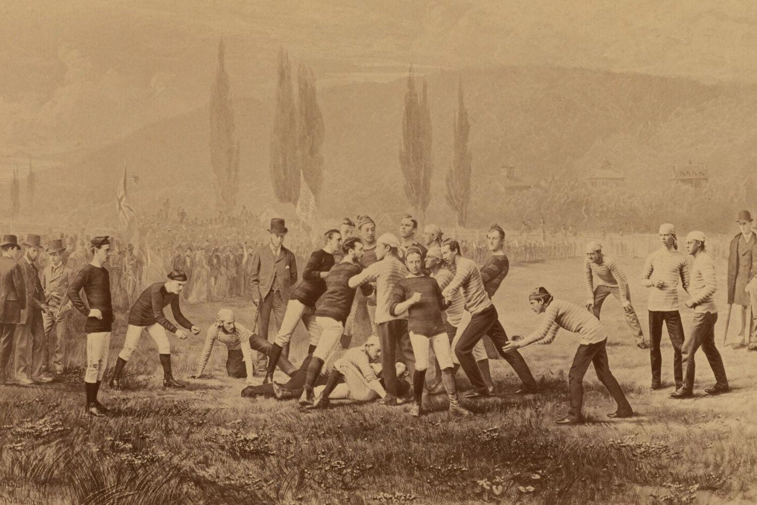 Two groups of men some with dark striped shirts and some with light colored shirts in field playing a sport as onlookers observer