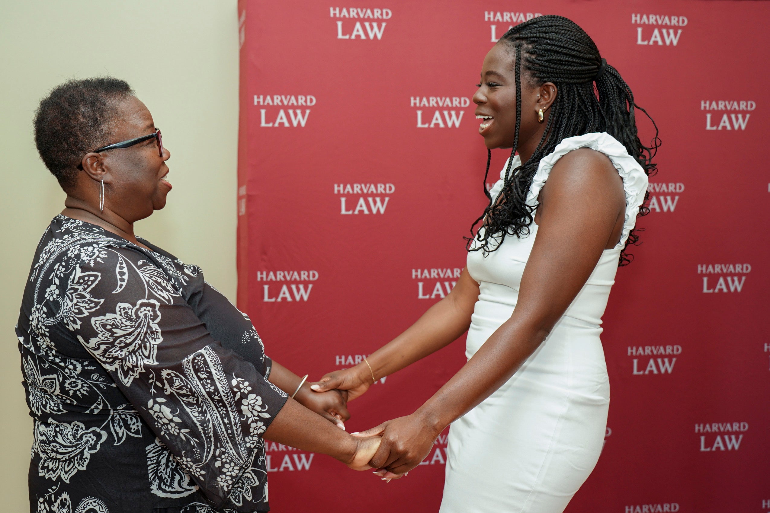 Two women with joined hands, smiling and talking