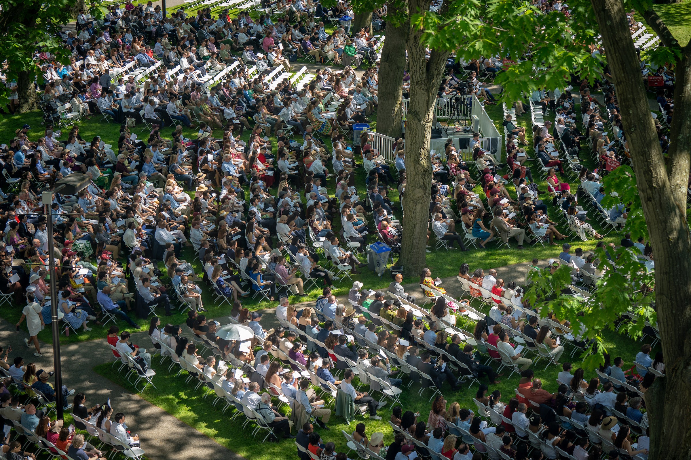 Overview shot of rows of people sitting under the shade of trees.