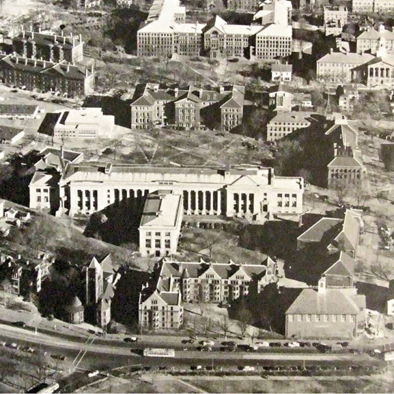 aerial shot of a campus in 1940s.