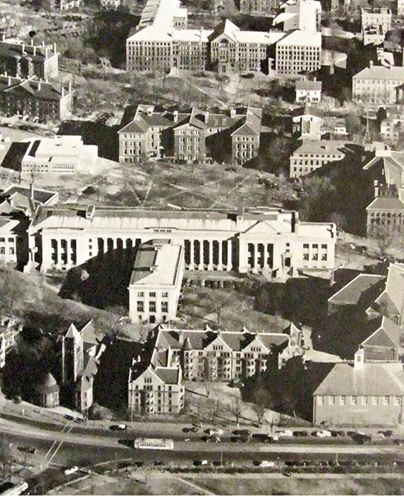 aerial shot of a campus in 1940s.