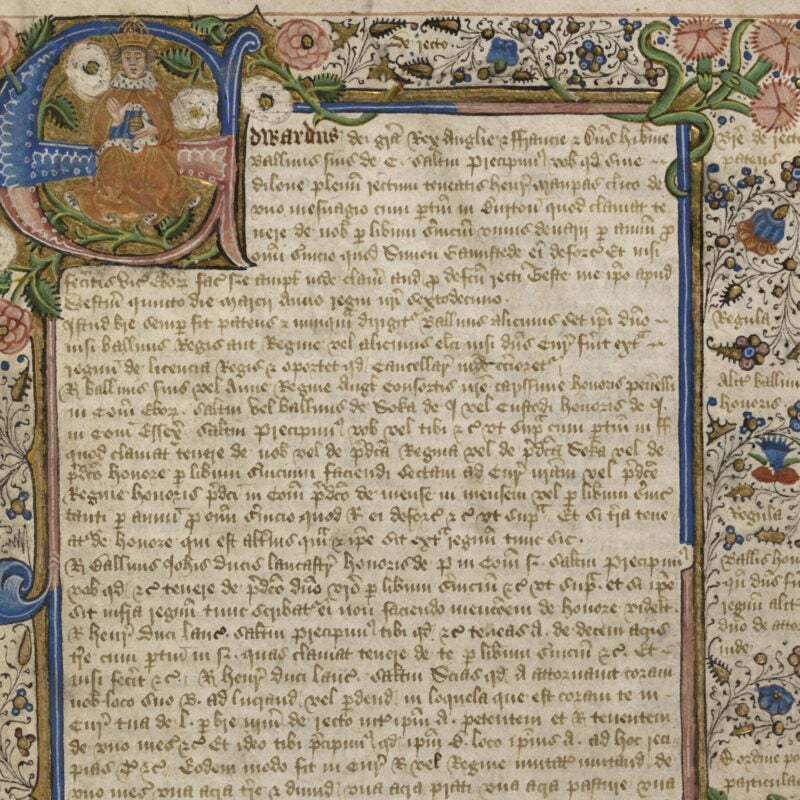 Manuscript page with full richly painted and illuminated floreate border with a fine large initial miniature of King Edward IV in royal robes enthroned and holding a globe but without a scepter, with the arms of Lord Hastings in border.