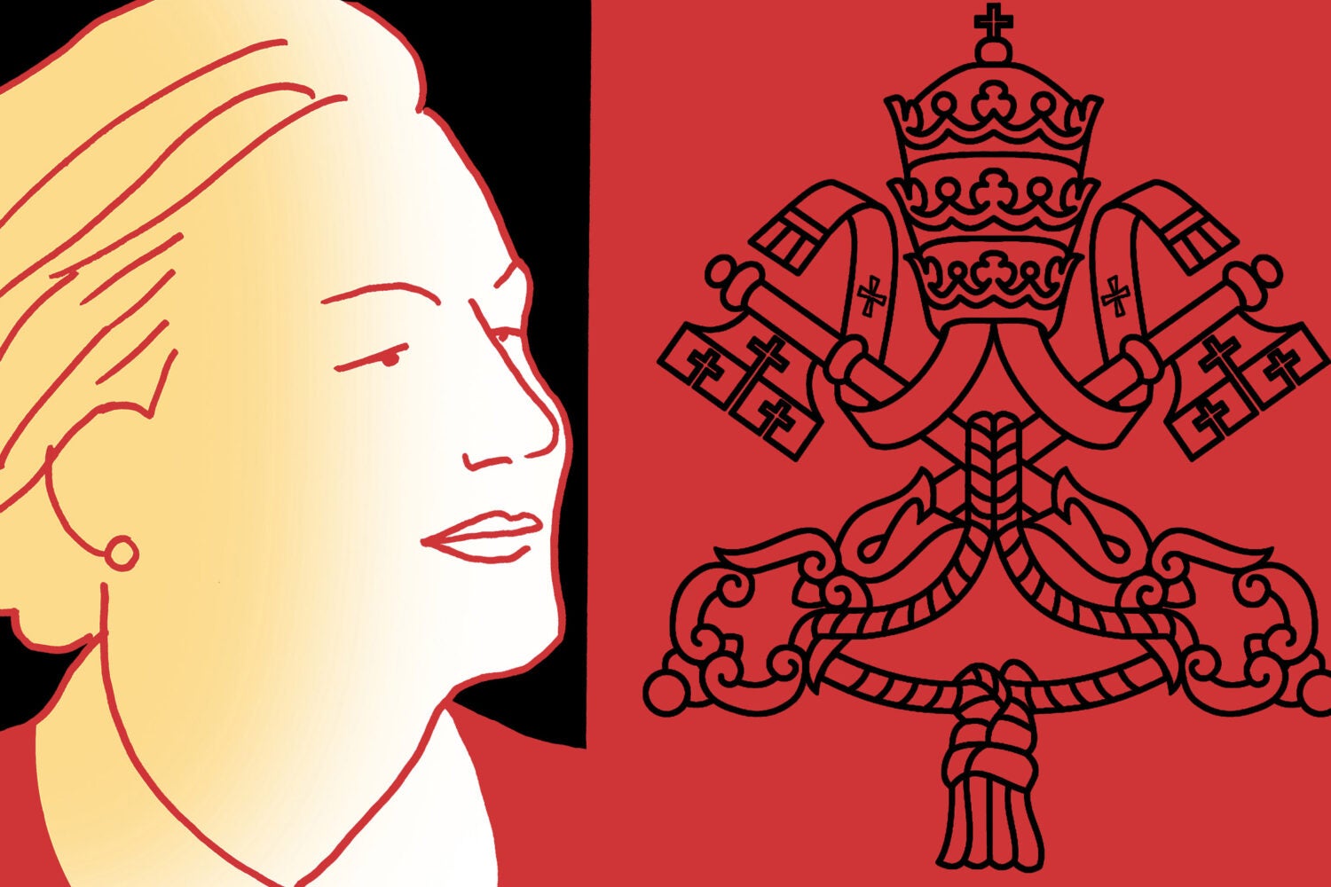 An illustration featuring a line drawing of Mary Ann Glendon in profile and of the coat of arms of the Holy See
