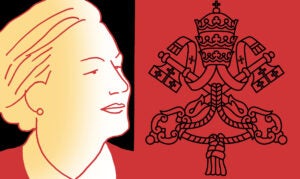 An illustration featuring a line drawing of Mary Ann Glendon in profile and of the coat of arms of the Holy See