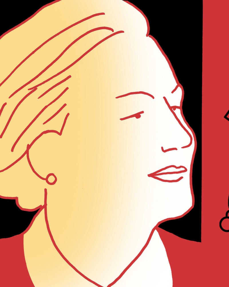 An illustration featuring a line drawing of Mary Ann Glendon in profile and of the coat of arms of the Holy See