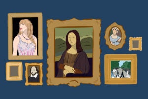 Illustration of Taylor Swift, the Mona Lisa, William Shakespeare, Emily Dickinson, and the Beatles.