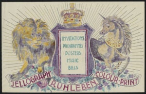 A print of a lion and a unicorn with the text, 
