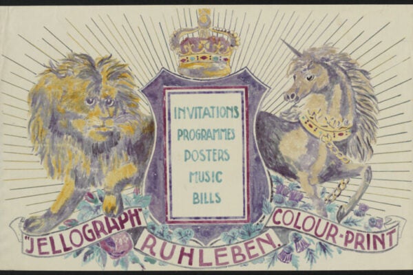A print of a lion and a unicorn with the text,