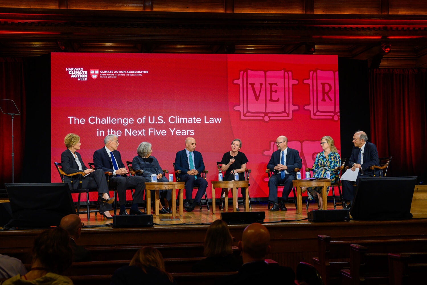 U.S. Climate Law panelists on stage at Sanders Theatre.