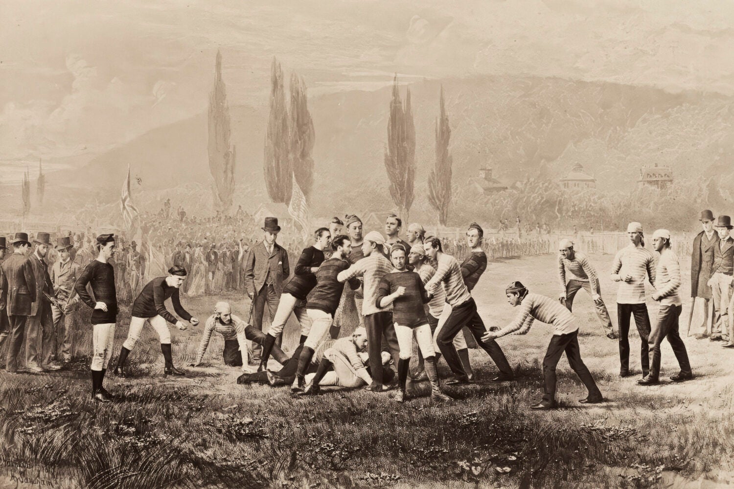 An historical illustration of a group of people on a field engaged in a football game