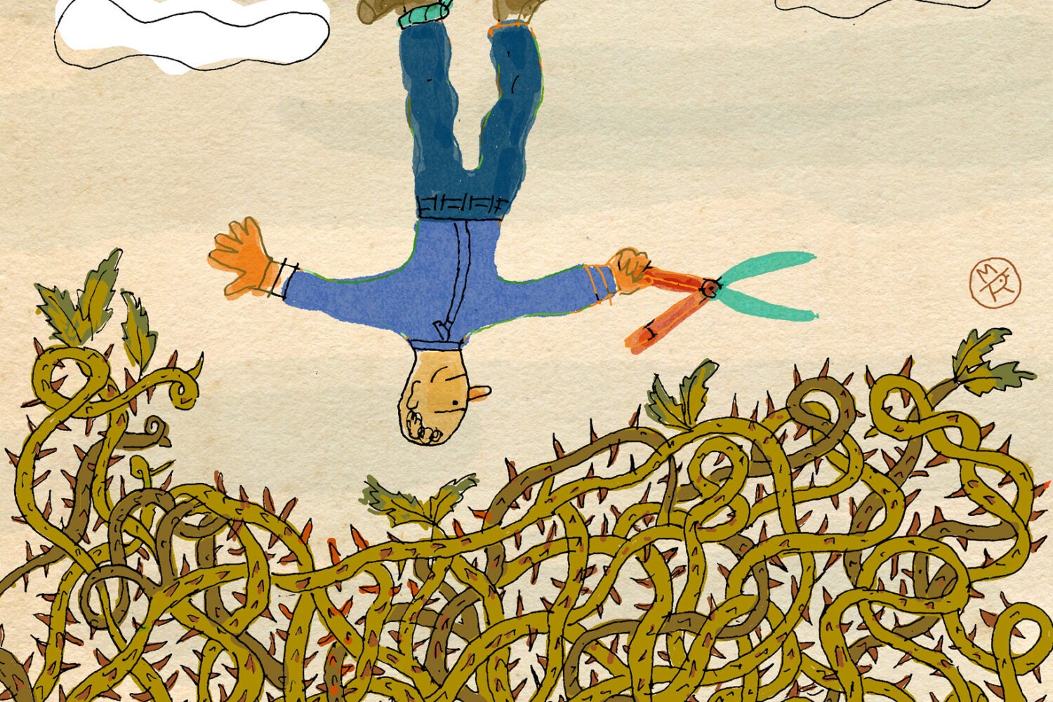 An illustration of a man wearing blue pans and a shirt holding clippers suspended from a rope and hanging over a pile of prickly bunch of vines.