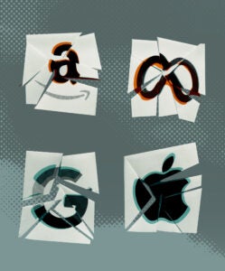 Logos for Google, Meta, Amazon, and Apple each on a square that is slightly broken apart all in a green textured background