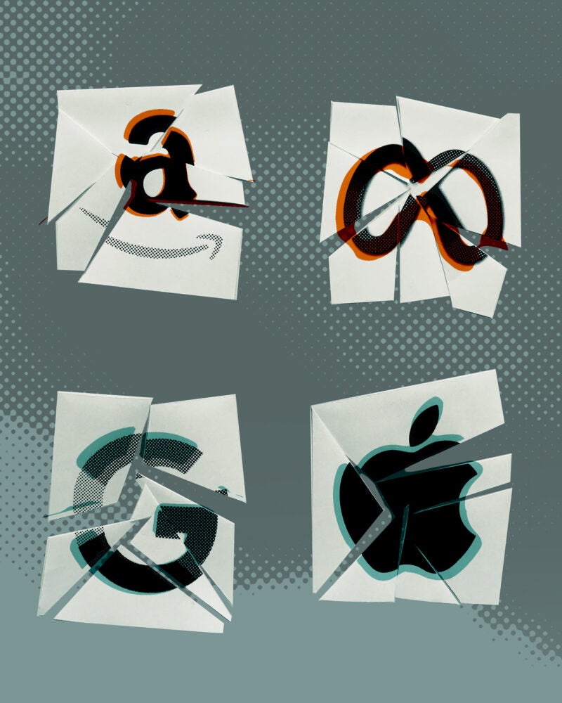 Logos for Google, Meta, Amazon, and Apple each on a square that is slightly broken apart all in a green textured background