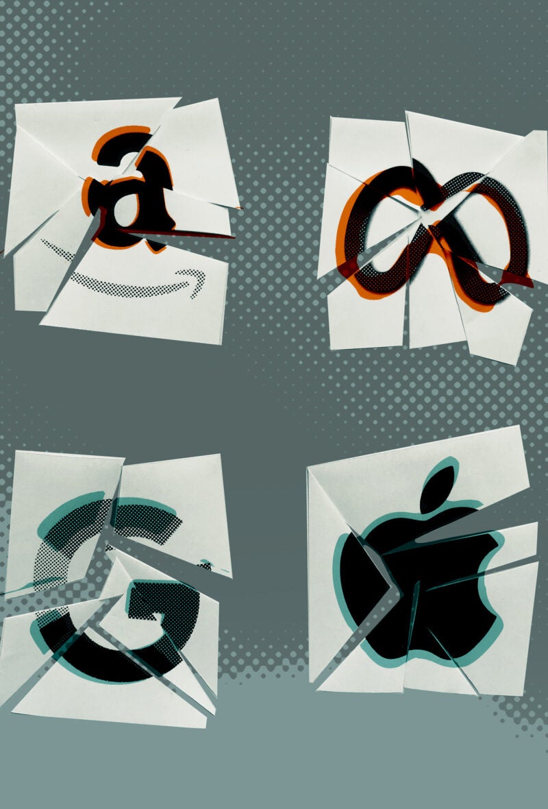 Logos for Google, Meta, Amazon, and Apple each on a square that is slightly broken apart all in a green textured background