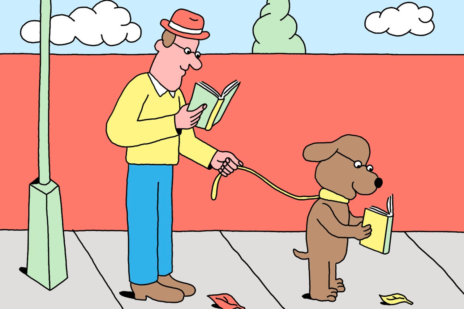 A cartoon-like illustration of a man reading a book holding on to the leash of a dog reading a book
