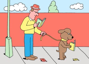 A cartoon-like illustration of a man reading a book holding on to the leash of a dog reading a book