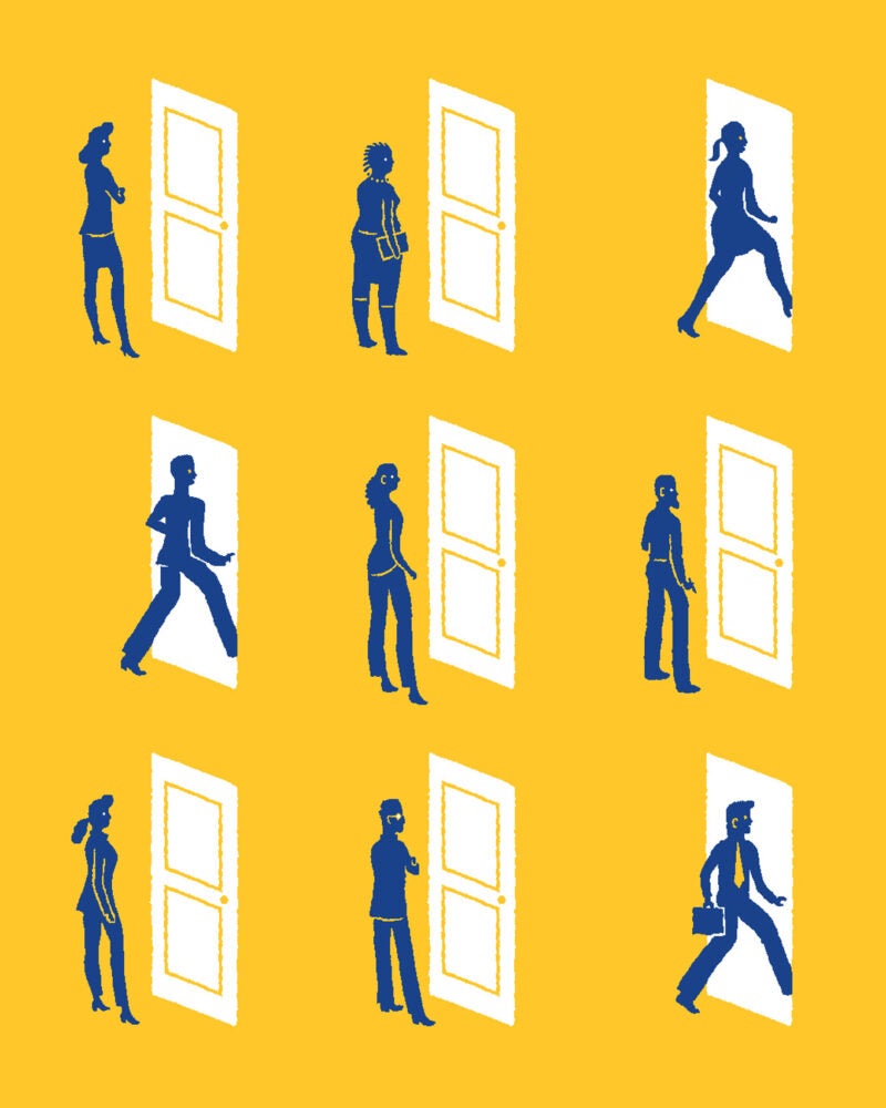 A illustration of five by three grid of door with some figures going through the door and some figures looking at the door.