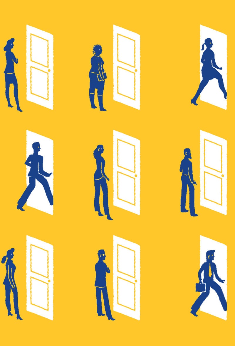 A illustration of five by three grid of door with some figures going through the door and some figures looking at the door.