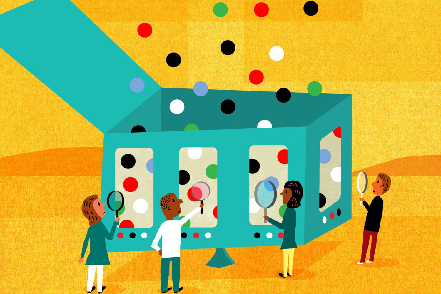 A illustration of a box with colored balls falling into it as people looking though holes in the box inspect whats coming from above.