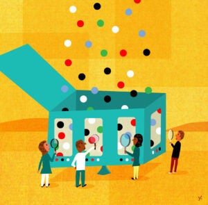 A illustration of a box with colored balls falling into it as people looking though holes in the box inspect whats coming from above.