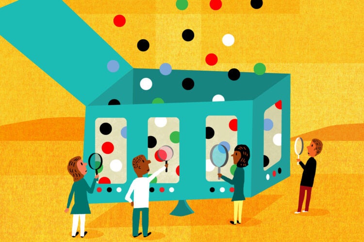 A illustration of a box with colored balls falling into it as people looking though holes in the box inspect whats coming from above.