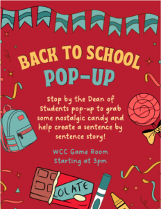 Poster for a back to school candy and crafts pop-up.