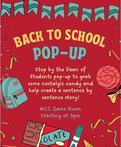 Poster for a back to school candy and crafts pop-up.