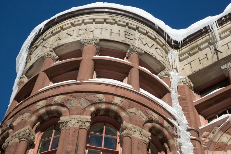 snow and ice on corner of Austin Hall