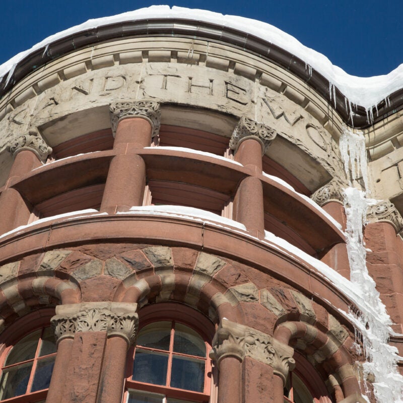 snow and ice on corner of Austin Hall