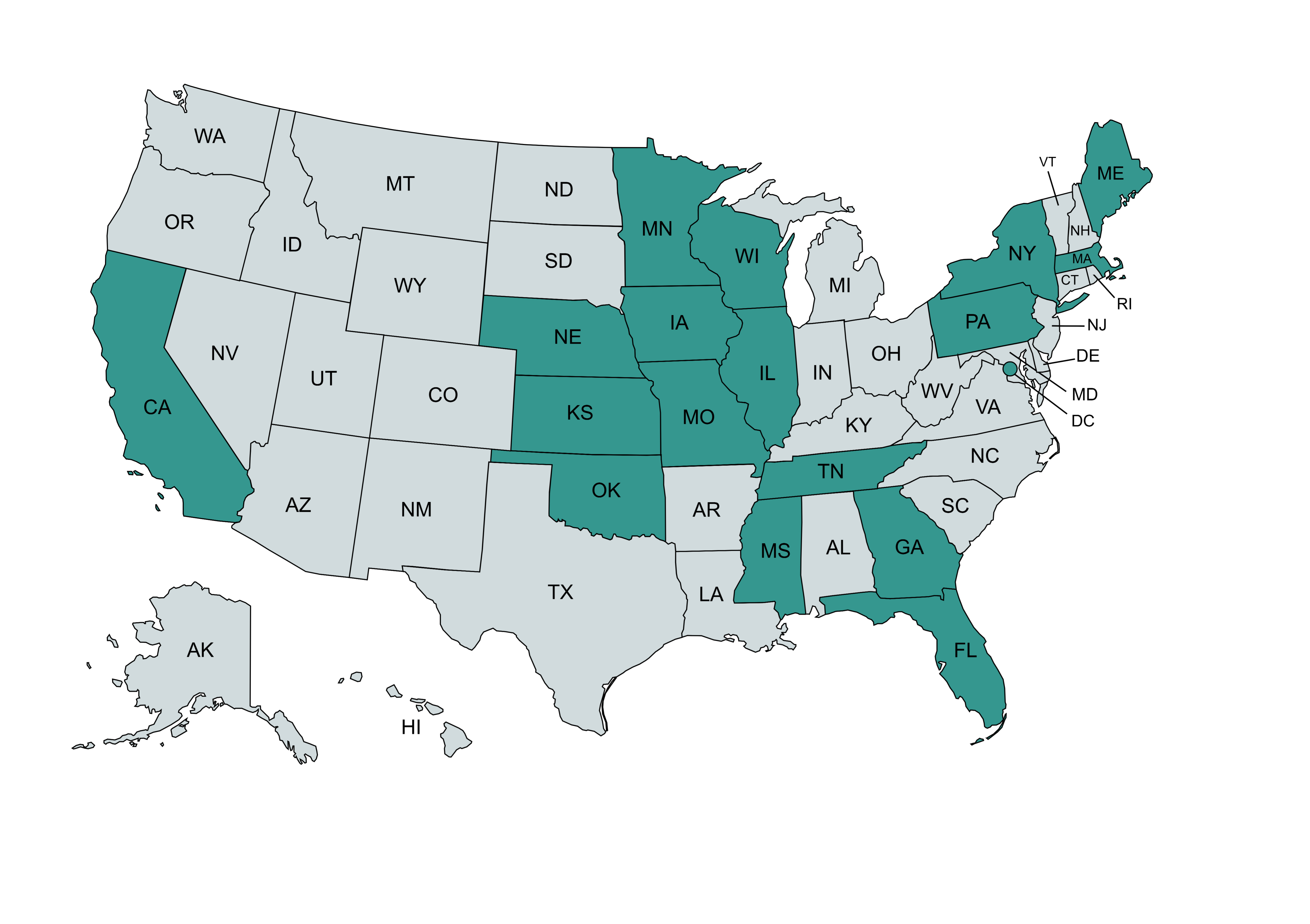 map of the US that represents the 17 states the J.D. Admissions team traveled to 