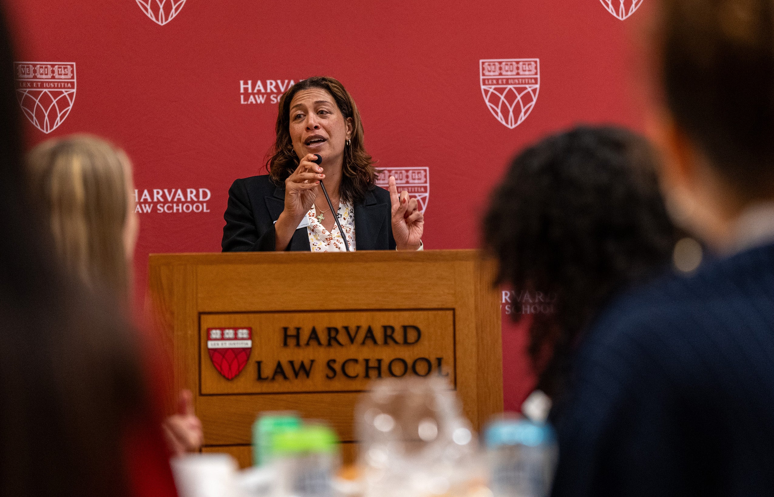 A woman at a podium speaks to a group