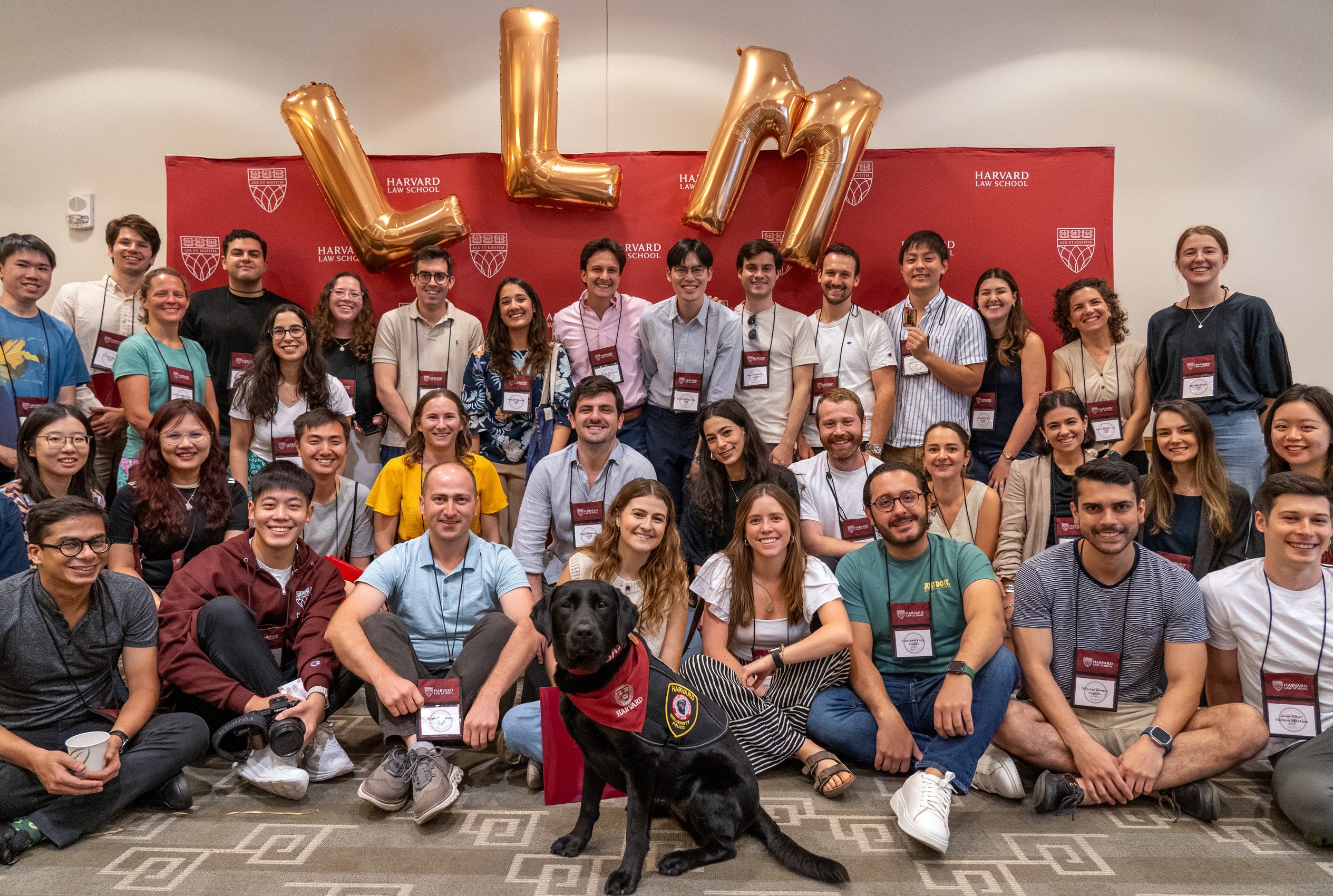 A large group of students pose beneath a gold 